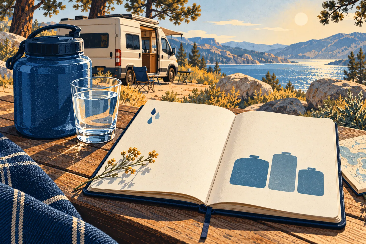 Water-planning journal beside a jug and glass with a camper in the background